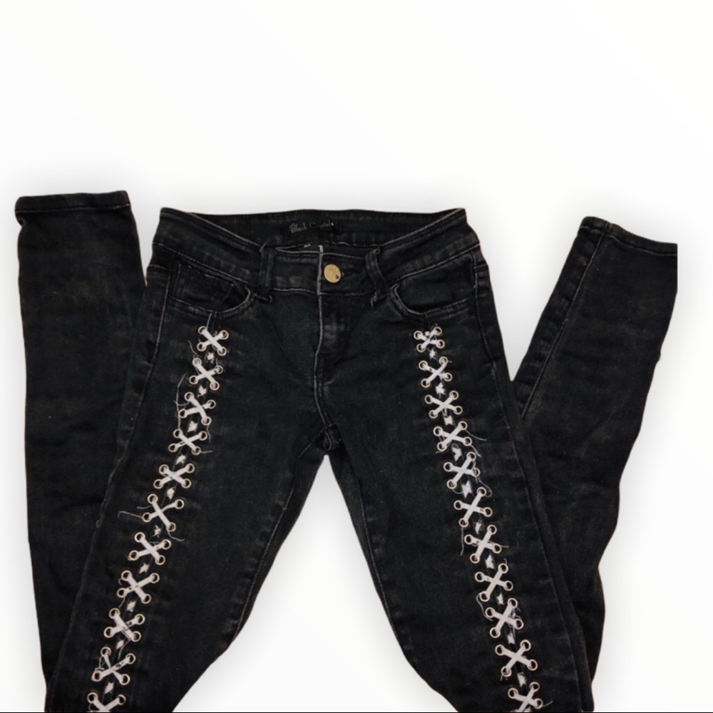 Black Crystal Skinny Lace Up Jeans SZ 1 🌸